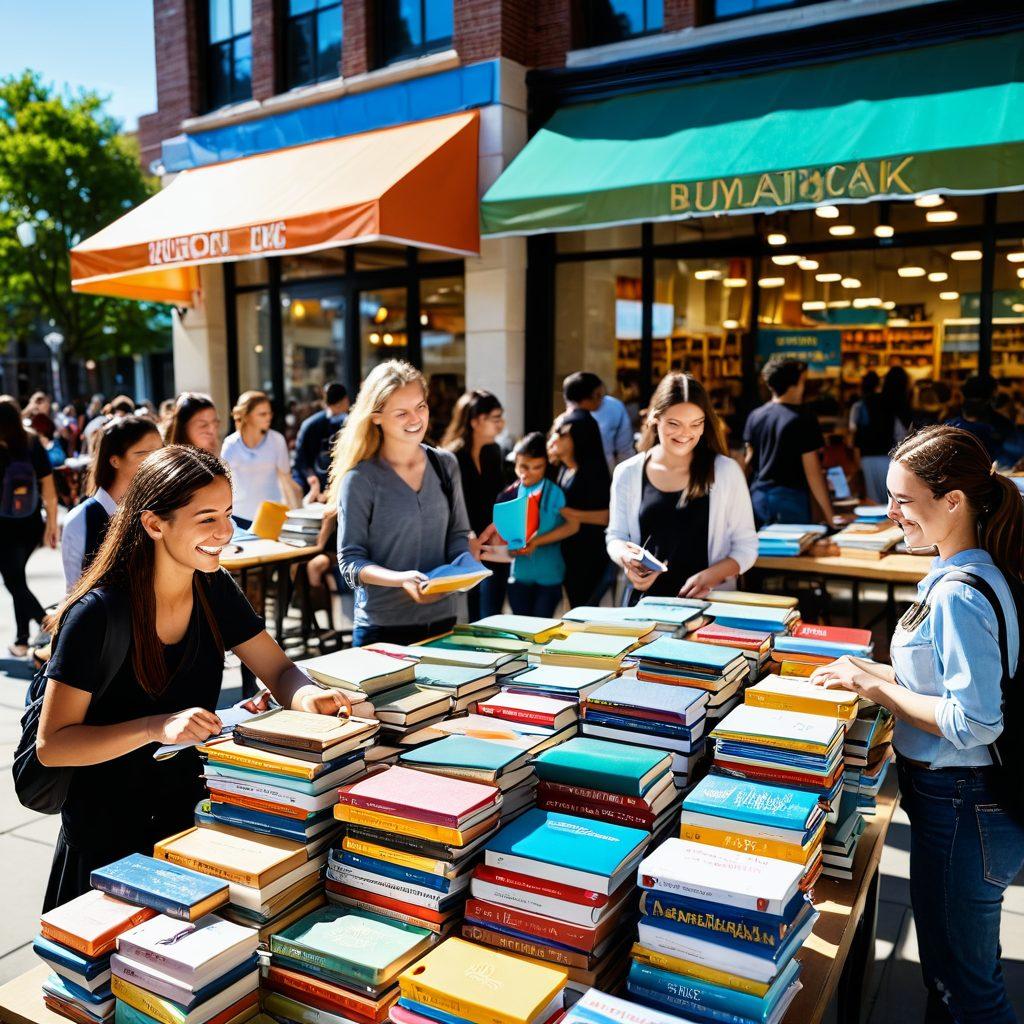 A vibrant, bustling marketplace filled with happy students exchanging textbooks, with stacks of colorful textbooks prominently displayed. Include a cheerful atmosphere, sunlight streaming in, and people showcasing their finds with smiles. In the background, a welcoming storefront with a large 'Buyback' sign. super-realistic. vibrant colors. light, bright background.