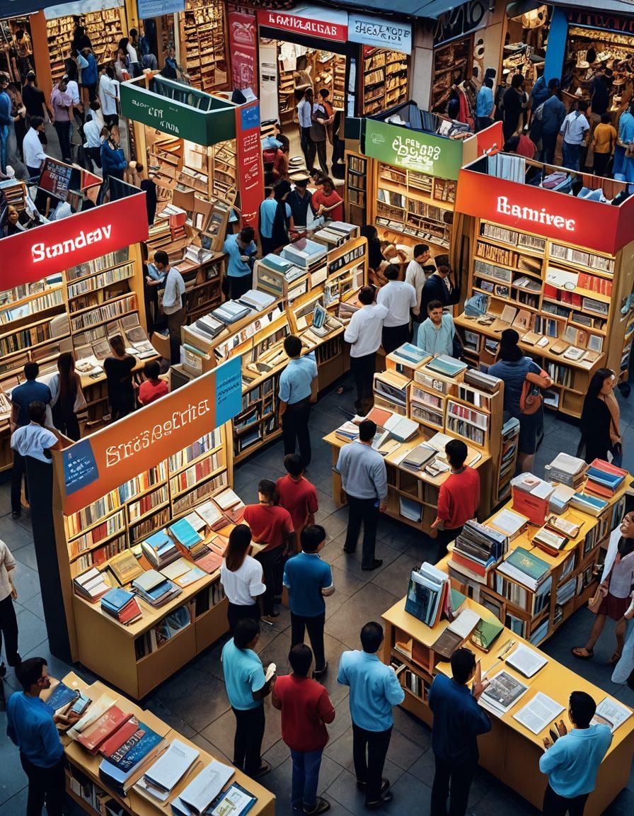 An intricate collage depicting various textbooks stacked on a vibrant marketplace stall, with lively buyers and sellers interacting, showcasing digital devices for smart trading. Include price tags and profit charts subtly in the background, conveying the theme of profits through strategic selling and buying. Bright colors and an inviting atmosphere to attract attention. super-realistic. vibrant colors. dynamic composition.