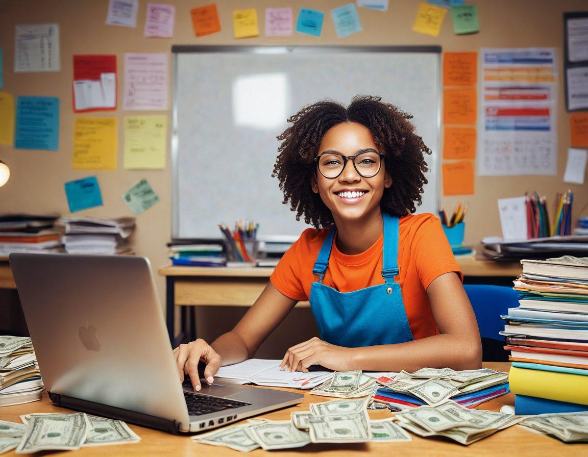 An inspiring scene of a student happily counting cash amidst a backdrop of colorful textbooks stacked around. The student is sitting at a desk cluttered with notes and a laptop with a bright screen displaying 'Selling Strategies'. Surrounding the student are vibrant signs of 'Sell Here' and 'Cash Out!' emphasizing success in selling. Warm lighting enhances the atmosphere of motivation and achievement. super-realistic. vibrant colors. soft focus.